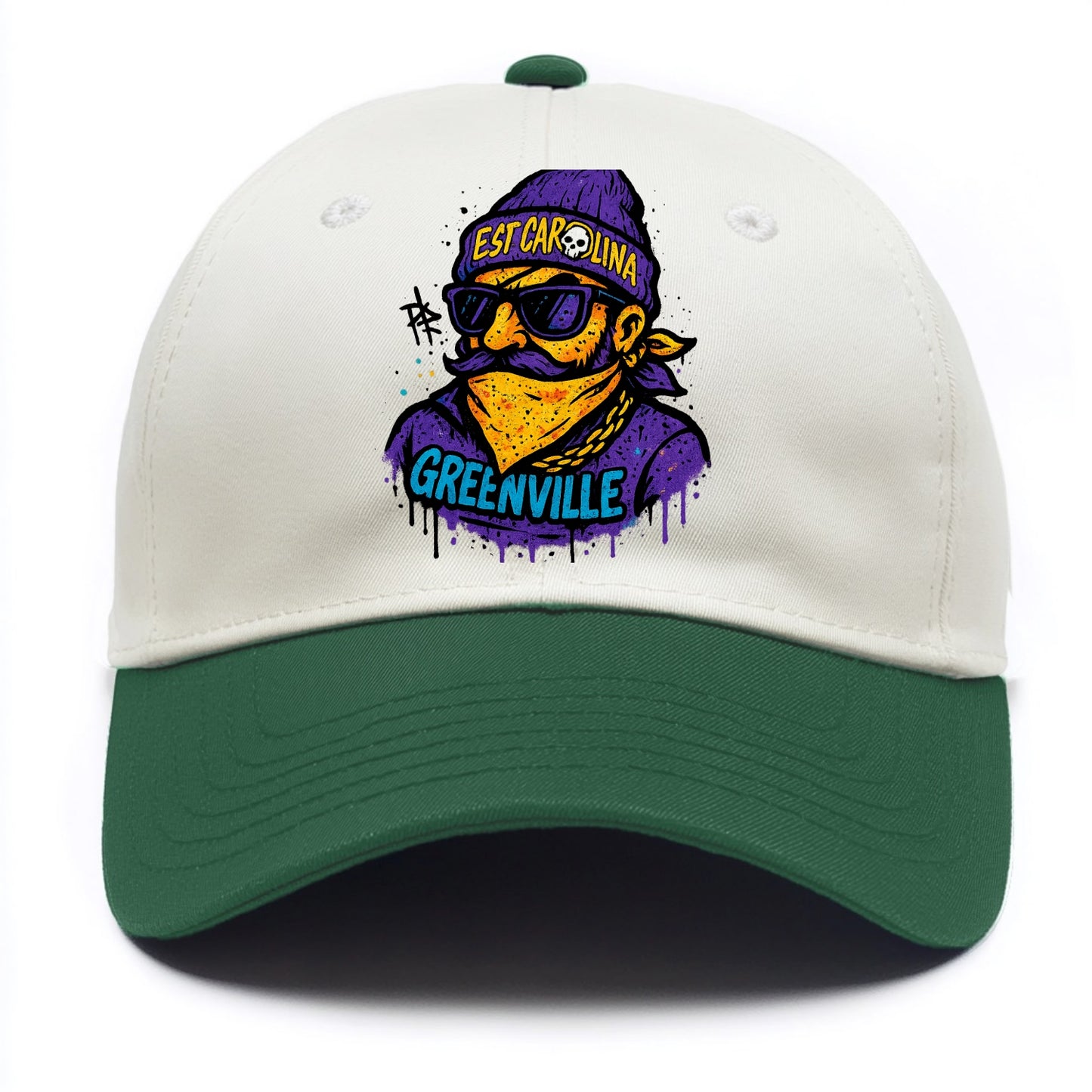 Greenville Pirate wearing East Carolina beanie with skull patch - Two Tone Cap - Green