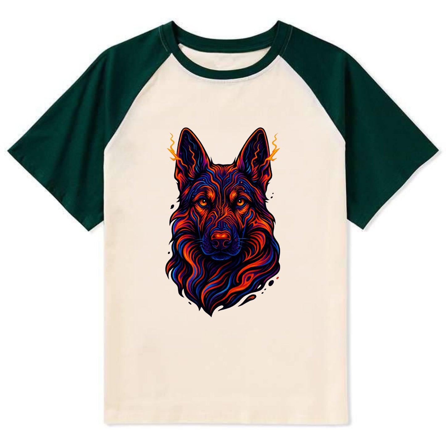 Alert German Shepherd with cyber circuit patterns in the fur, neon orange - Contrast Raglan T-shirt - Green