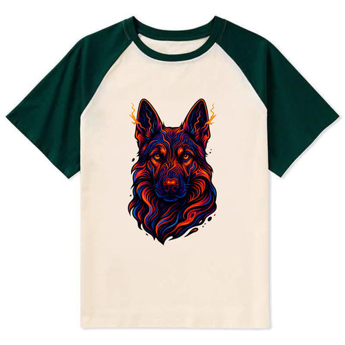Alert German Shepherd with cyber circuit patterns in the fur, neon orange - Contrast Raglan T-shirt