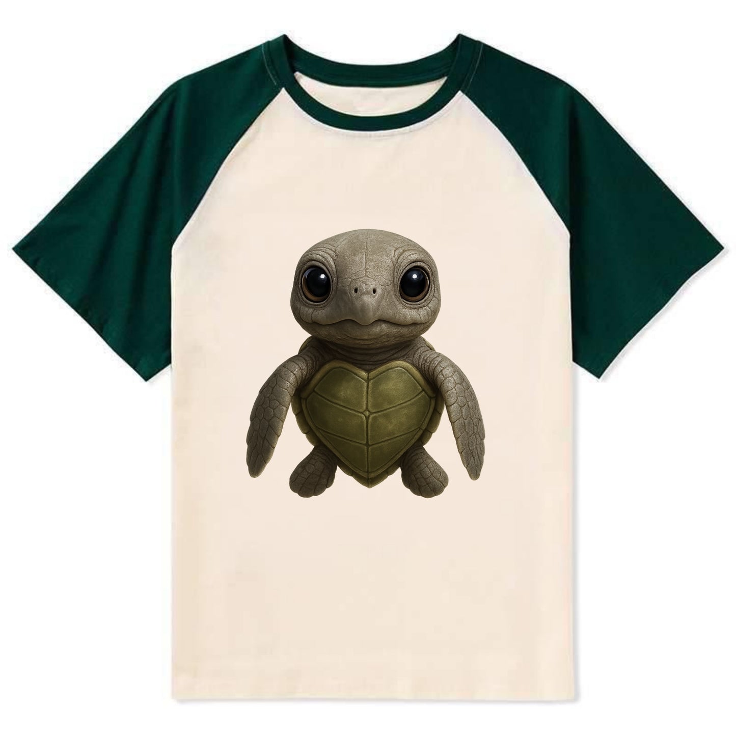 Baby Olive Ridley Turtle - olive green shell, heart-shaped carapace, - Contrast Raglan T-shirt - Green