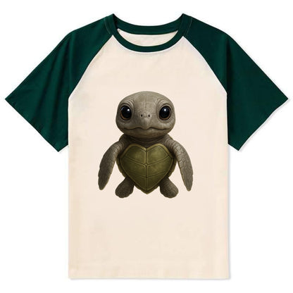 Baby Olive Ridley Turtle - olive green shell, heart-shaped carapace, - Contrast Raglan T-shirt - Green
