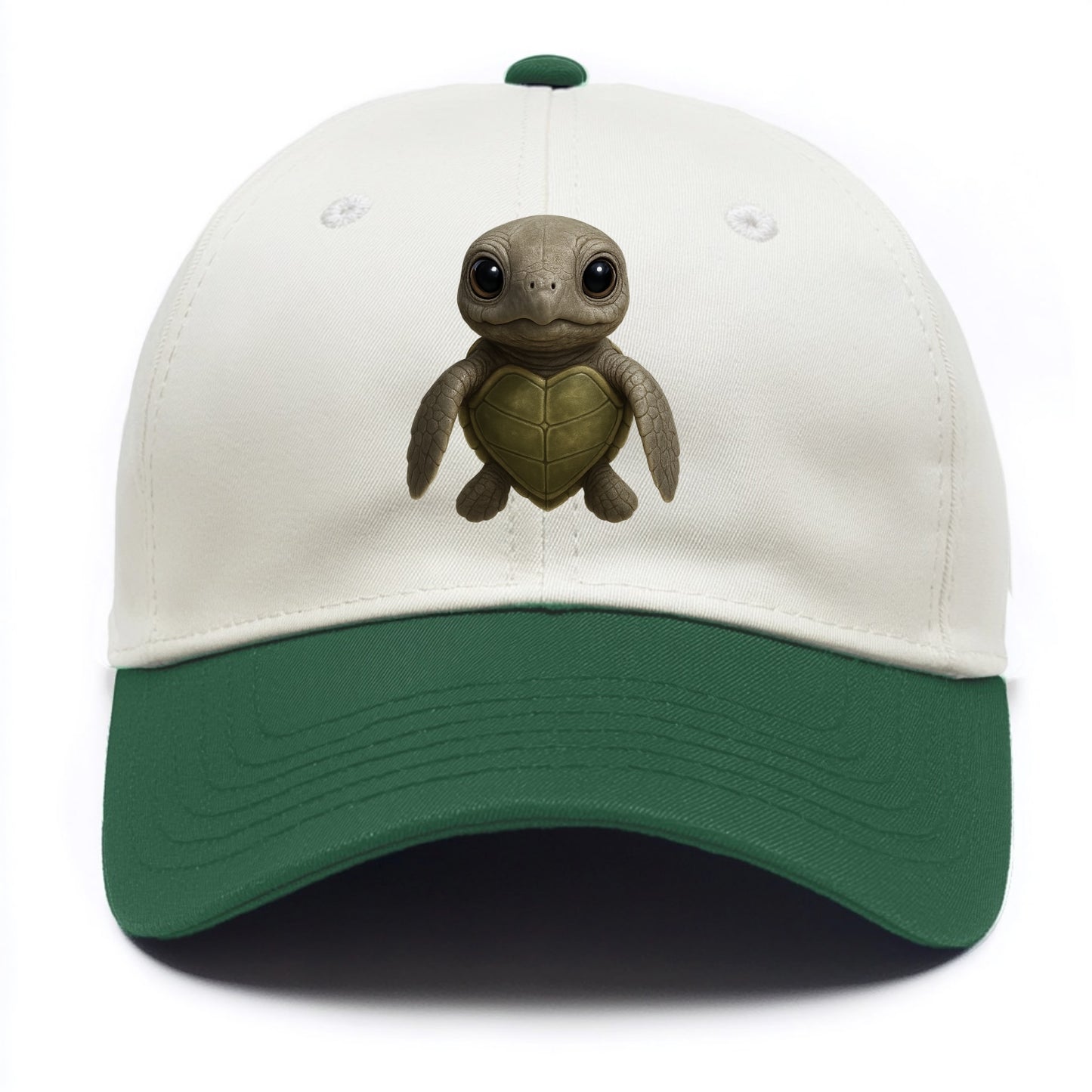 Baby Olive Ridley Turtle - olive green shell, heart-shaped carapace, bright eyes, - Two Tone Cap - Green