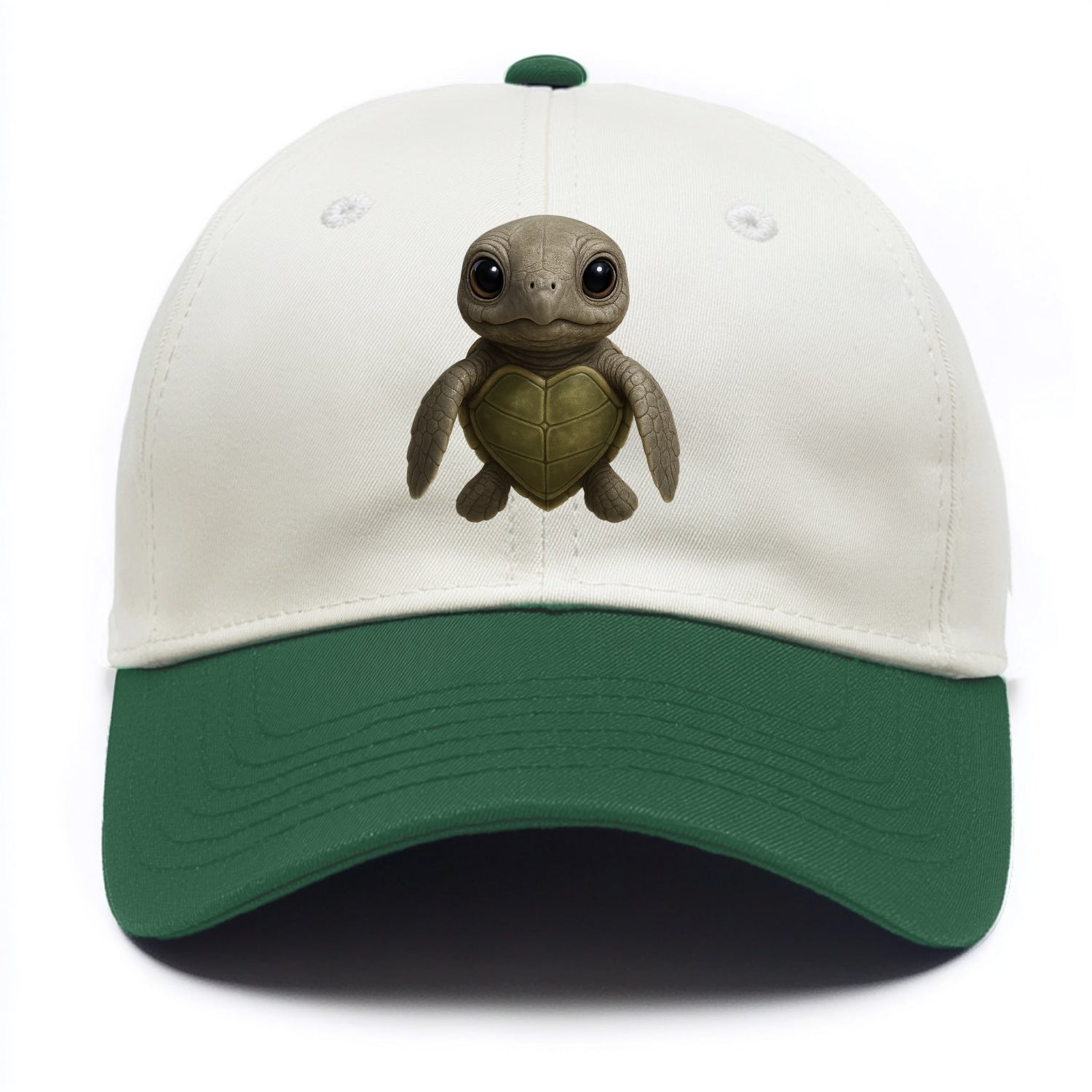 Baby Olive Ridley Turtle - olive green shell, heart-shaped carapace, bright eyes, - Two Tone Cap - Green