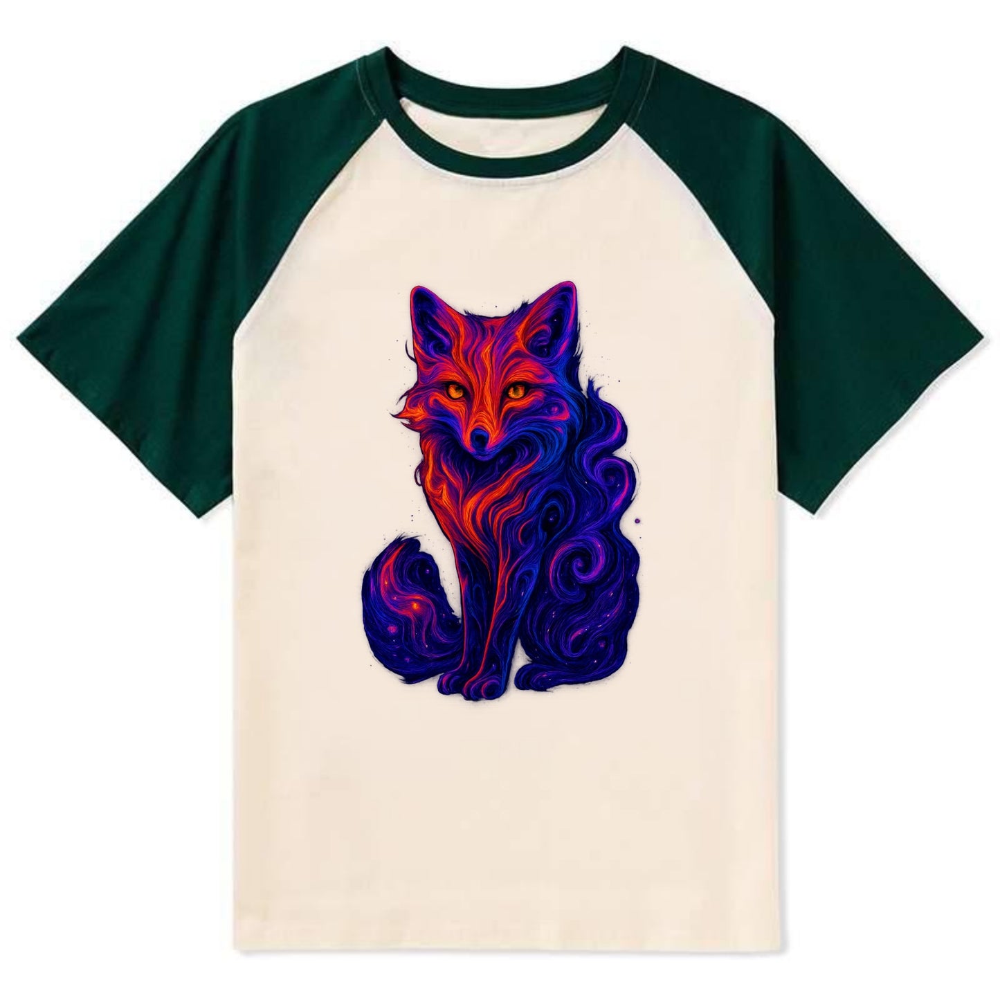 Clever fox with tail dissolving into cosmic nebula swirls, orange to - Contrast Raglan T-shirt - Green