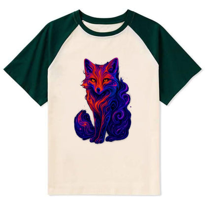 Clever fox with tail dissolving into cosmic nebula swirls, orange to - Contrast Raglan T-shirt - Green