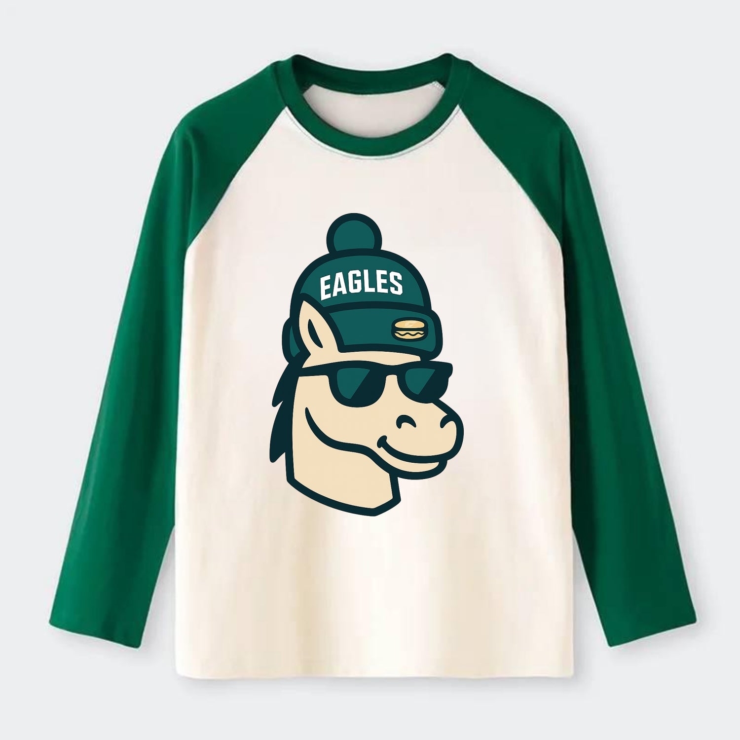 Philadelphia Horse wearing Eagles beanie with cheesesteak patch and - Raglan Long Sleeve T-Shirt - Green