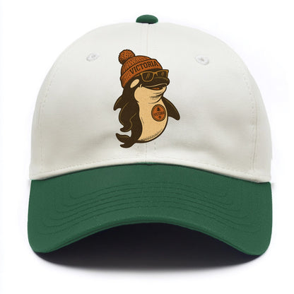 Victoria Orca wearing Victoria beanie with pom pom and wayfarer sunglasses - Two Tone Cap - Green