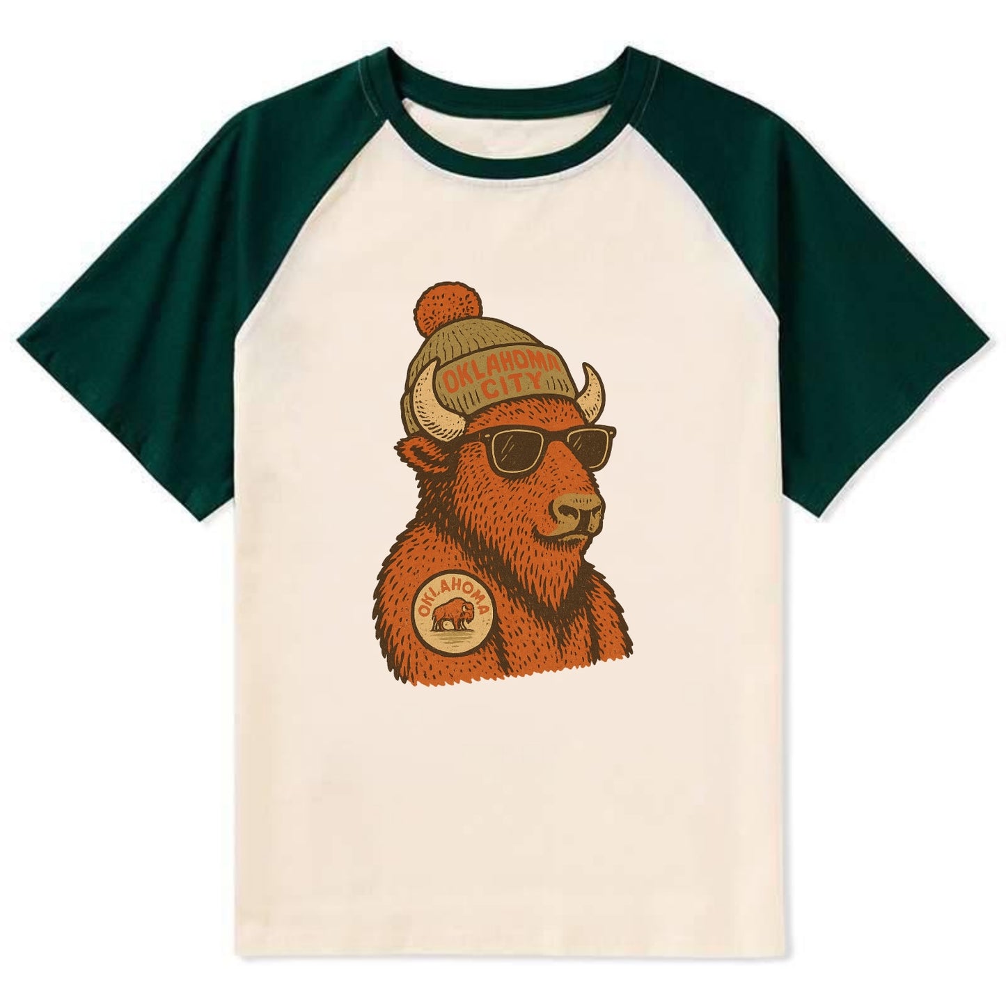 Oklahoma Buffalo wearing Oklahoma City beanie with pom pom and wayfarer - Contrast Raglan T-shirt - Green
