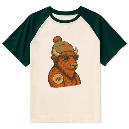 Oklahoma Buffalo wearing Oklahoma City beanie with pom pom and wayfarer - Contrast Raglan T-shirt - Green