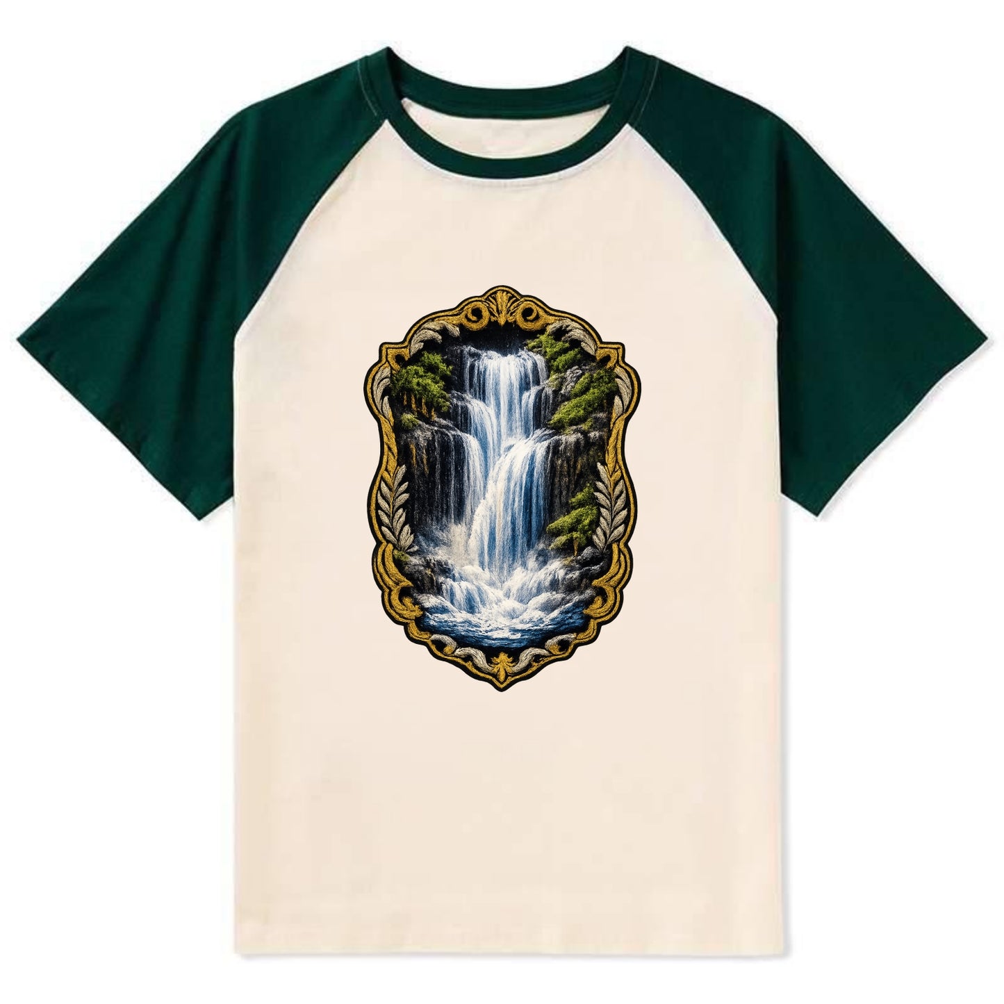 WATERFALL CASCADE - falling water with mist in blue and white , nature - Contrast Raglan T-shirt - Green