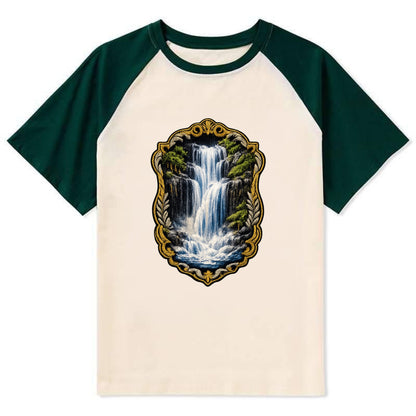 WATERFALL CASCADE - falling water with mist in blue and white , nature - Contrast Raglan T-shirt - Green