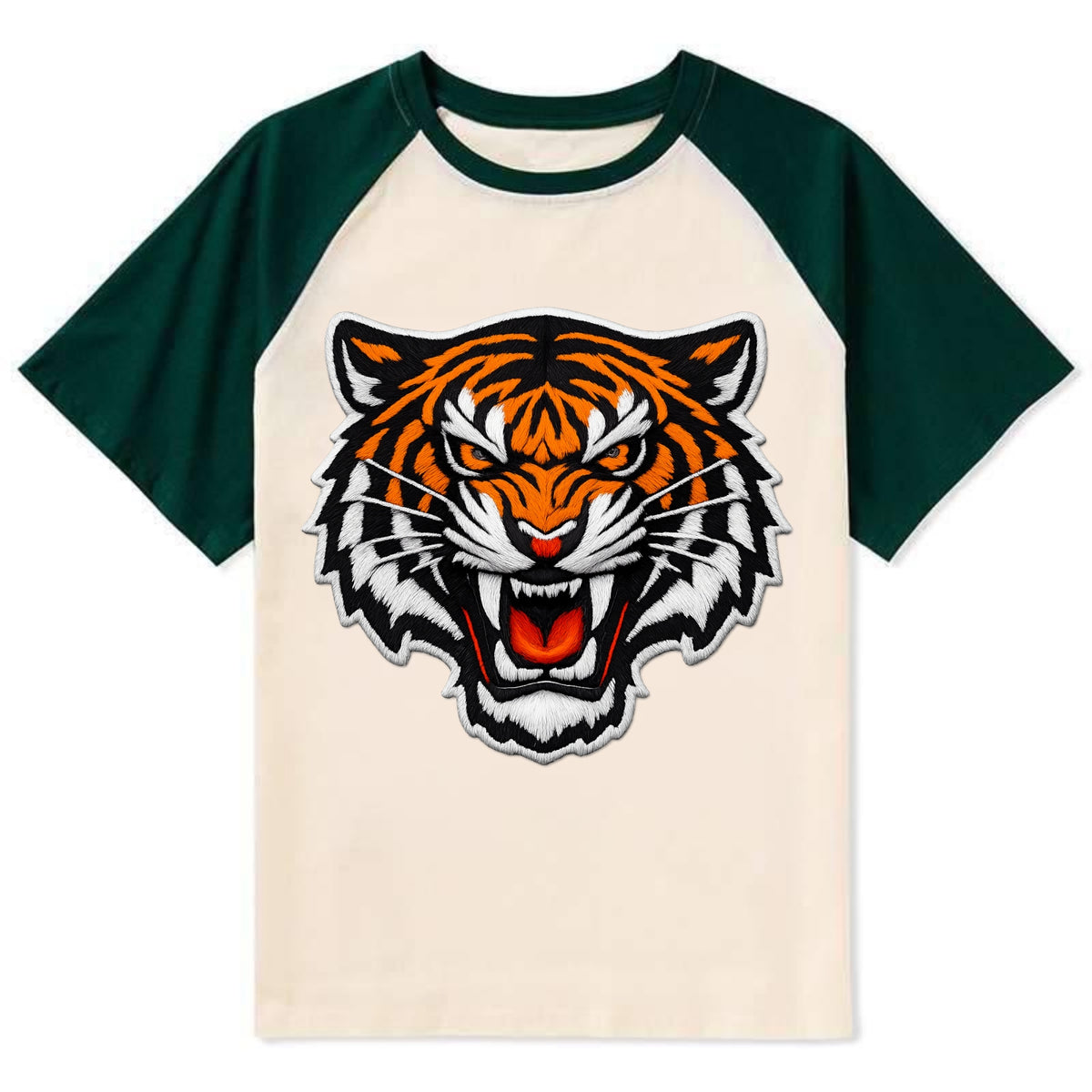 TIGER STRIPES FACE - fierce tiger face in orange, black and white , - Contrast Raglan T-shirt - Green
