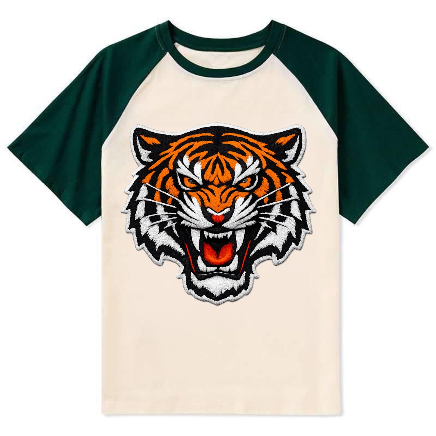 TIGER STRIPES FACE - fierce tiger face in orange, black and white , - Contrast Raglan T-shirt - Green