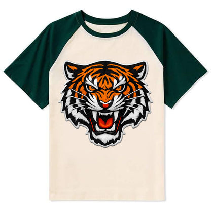 TIGER STRIPES FACE - fierce tiger face in orange, black and white , - Contrast Raglan T-shirt - Green