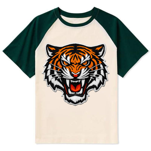 TIGER STRIPES FACE - fierce tiger face in orange, black and white , - Contrast Raglan T-shirt
