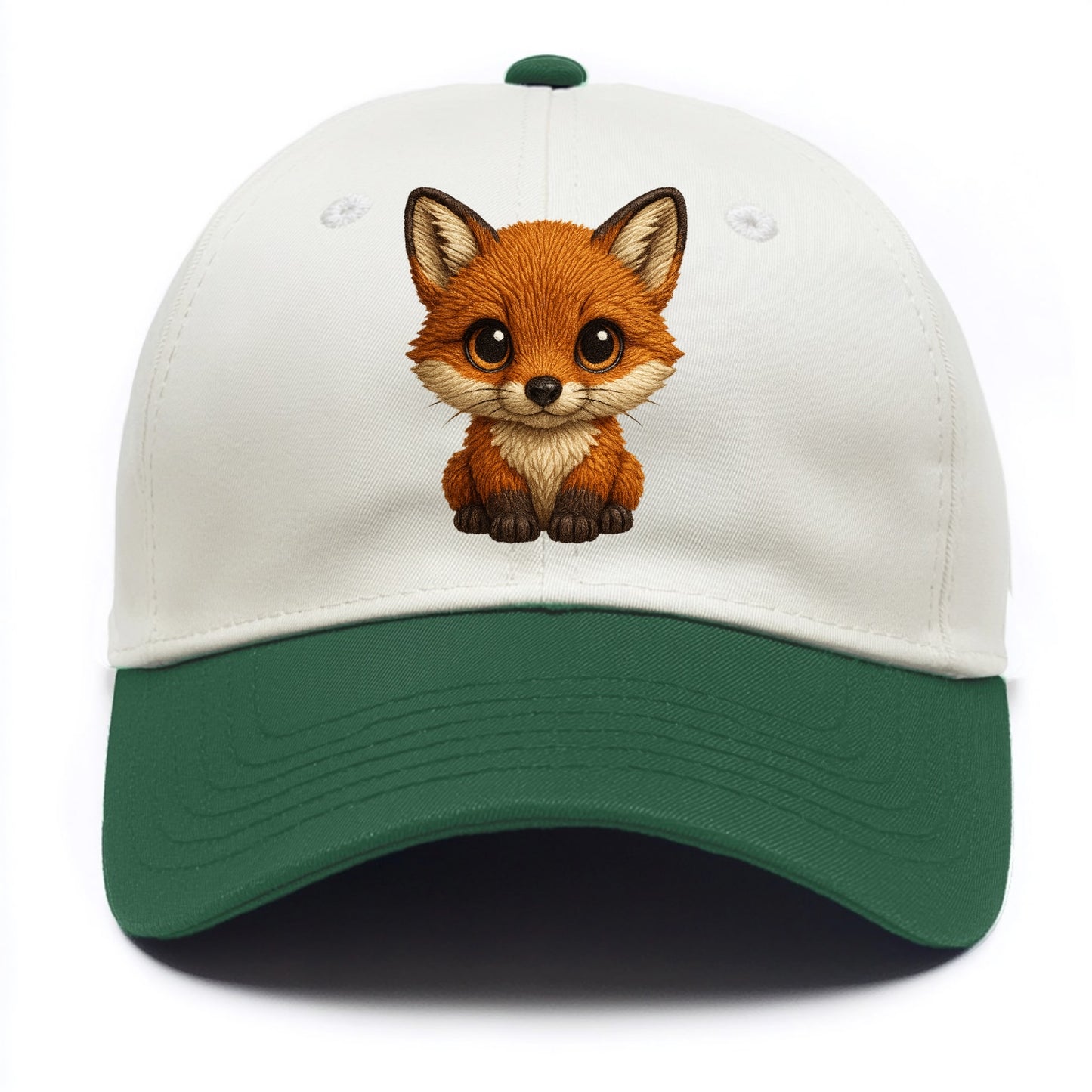 Baby Red Fox - russet fur, white chest, big amber eyes, perky ears, front-facing, - Two Tone Cap - Green