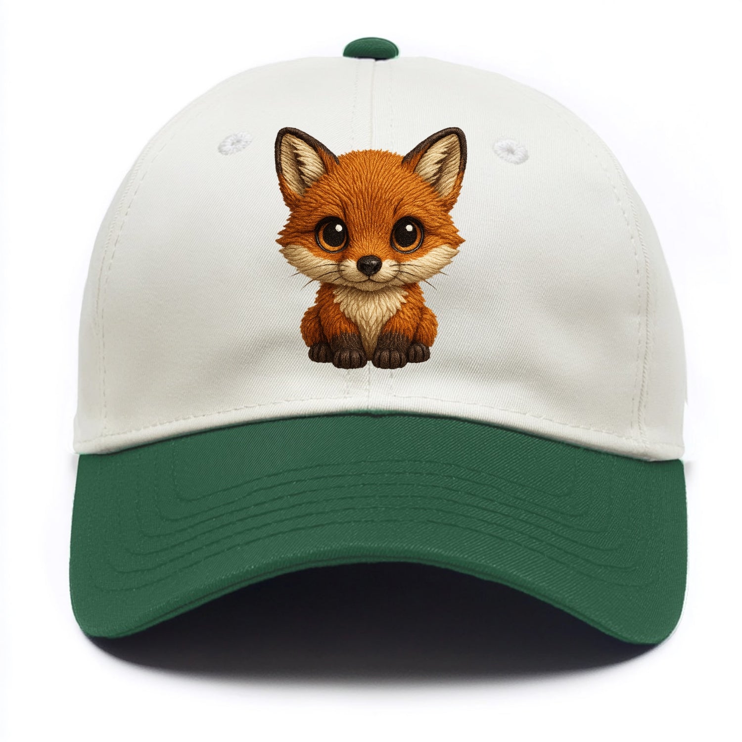 Baby Red Fox - russet fur, white chest, big amber eyes, perky ears, front-facing, - Two Tone Cap - Green