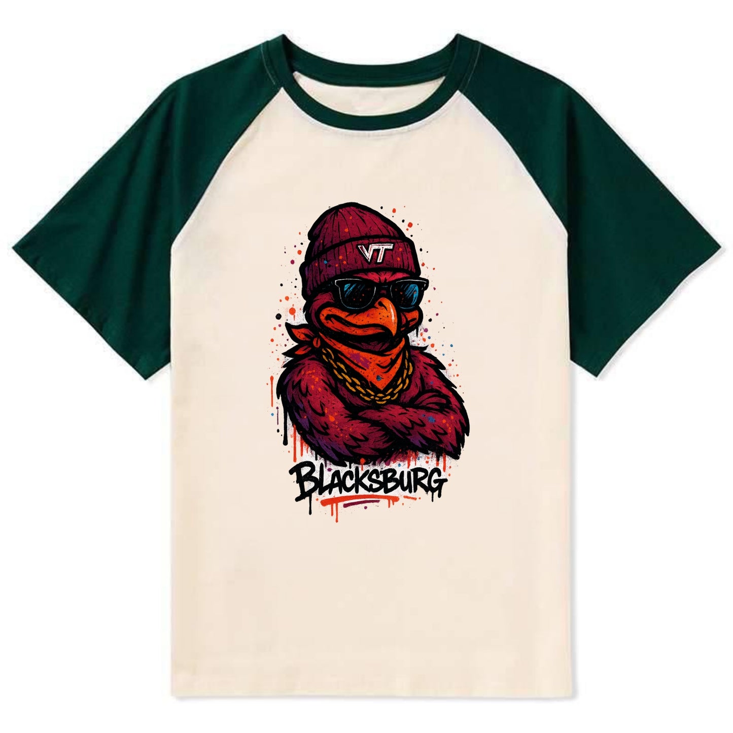 Blacksburg HokieBird wearing Virginia Tech beanie with VT patch - Contrast Raglan T-shirt - Green