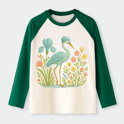 Mint Crane - Raglan Long Sleeve T-Shirt - Green