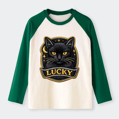 BLACK CAT LUCKY - sleek black cat with gold eyes in black , mysterious - Raglan Long Sleeve T-Shirt - Green