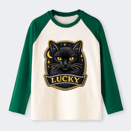 BLACK CAT LUCKY - sleek black cat with gold eyes in black , mysterious - Raglan Long Sleeve T-Shirt