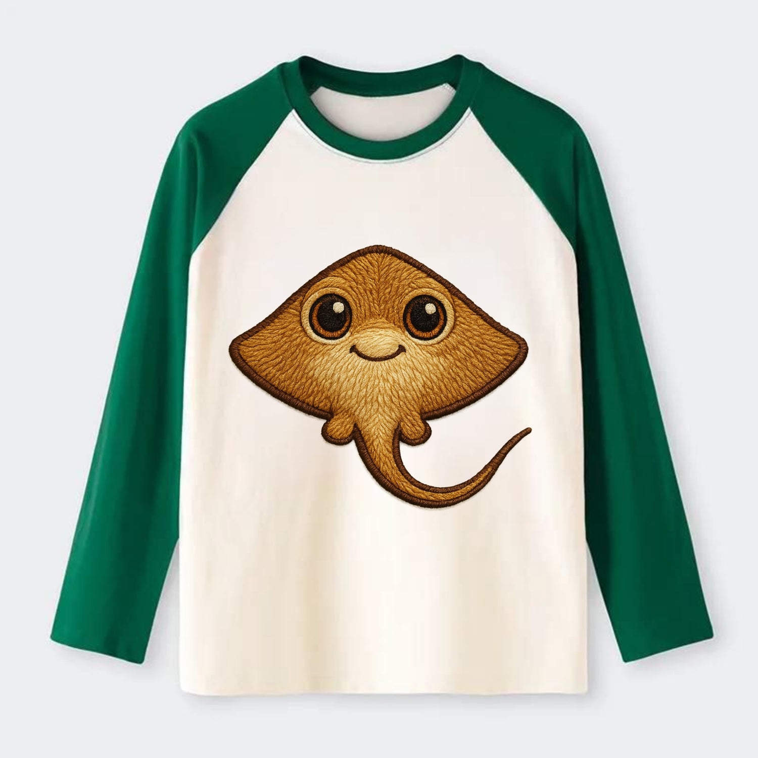 Baby Stingray - flat body, long tail, eyes on top, front-facing, - Raglan Long Sleeve T-Shirt - Green