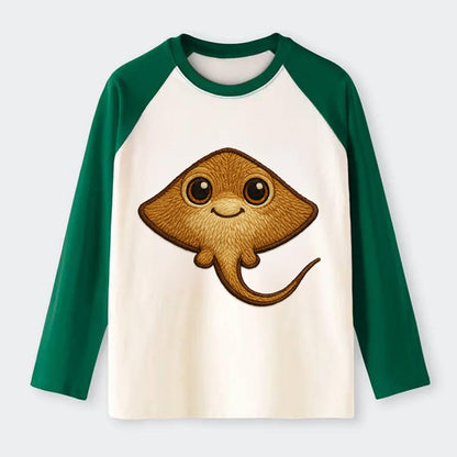 Baby Stingray - flat body, long tail, eyes on top, front-facing, - Raglan Long Sleeve T-Shirt - Green