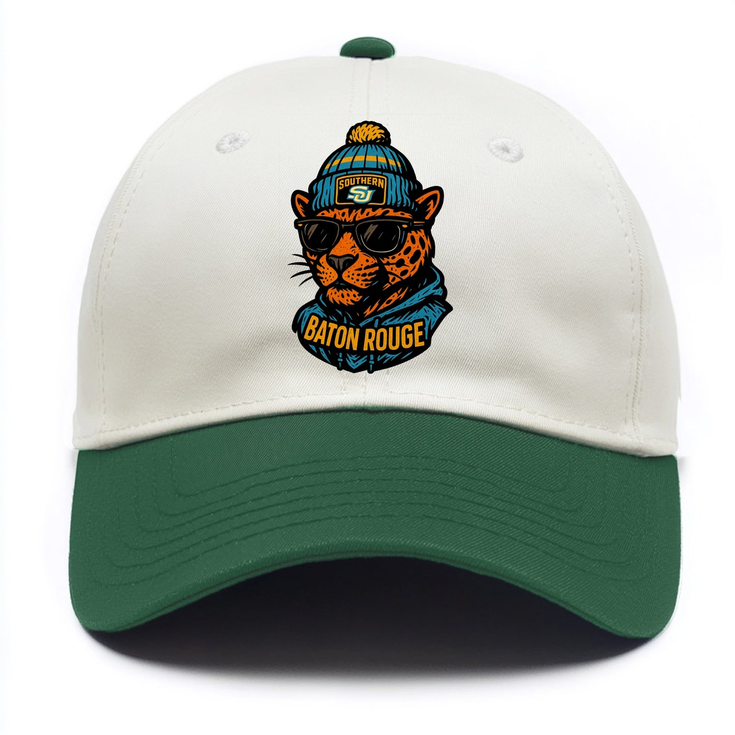 Baton Rouge Jaguar wearing Southern beanie with SU patch - Two Tone Cap - Green
