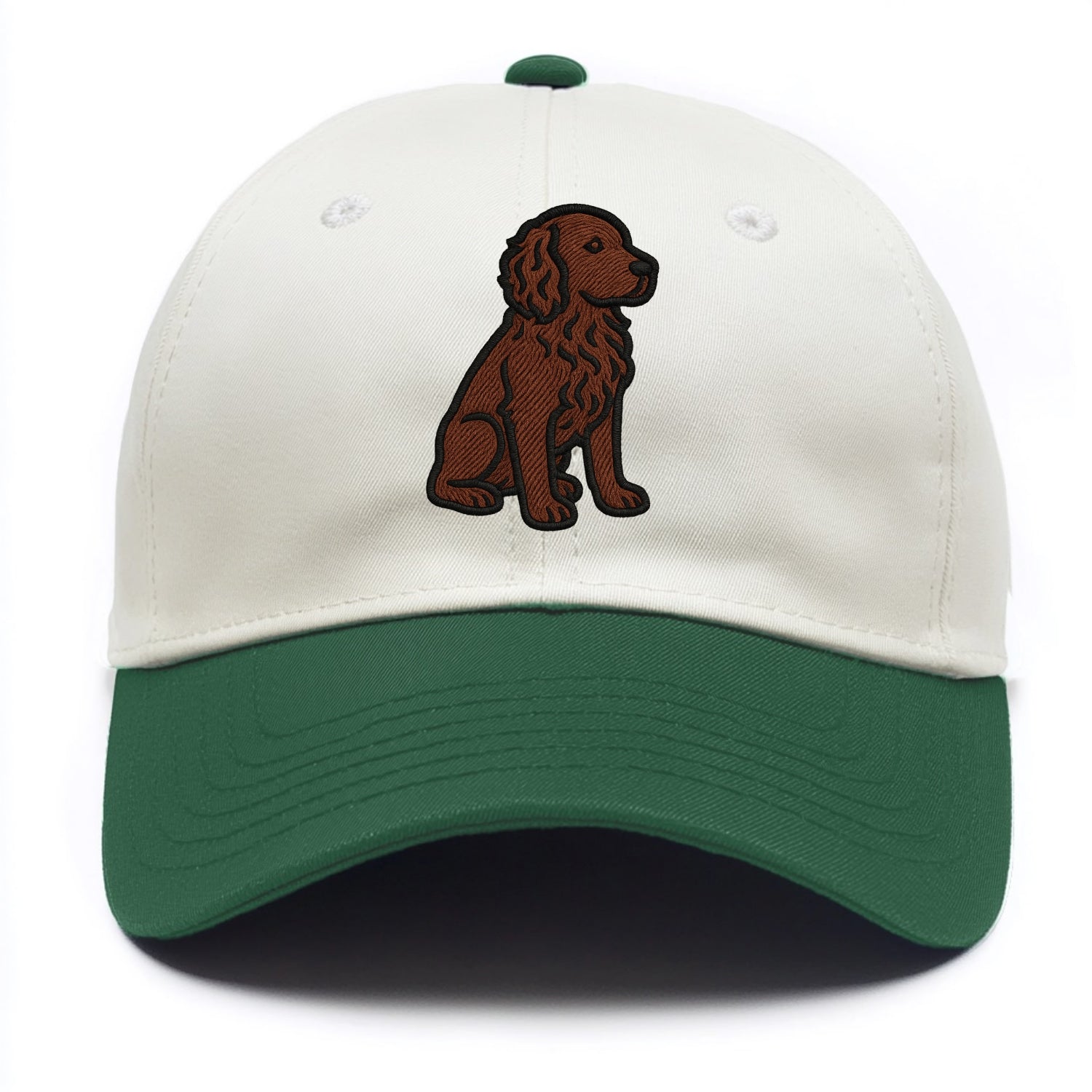Boykin Spaniel - Rich chocolate brown wavy coat embroidered sitting pose - Two Tone Cap - Green