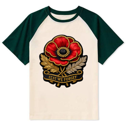 MEMORIAL POPPY - red poppy flower in scarlet , remembrance - Contrast Raglan T-shirt - Green
