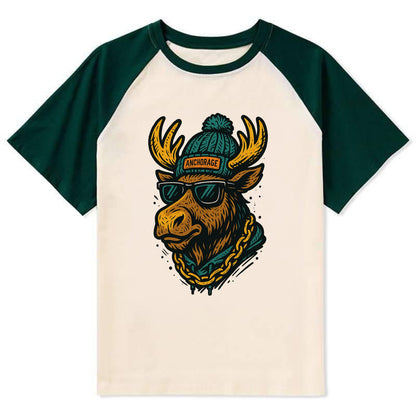 Alaska Moose wearing Anchorage beanie with pom pom and wayfarer sunglasses - Contrast Raglan T-shirt - Green