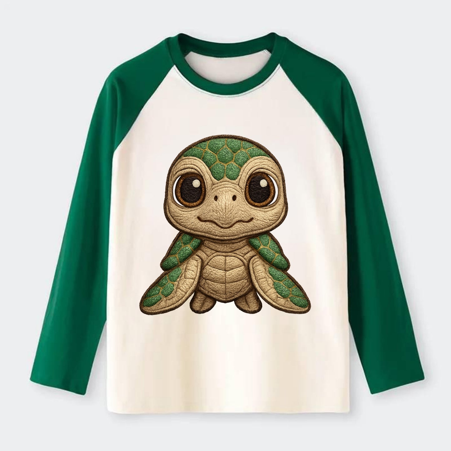 Baby Green Sea Turtle - emerald shell, large innocent brown eyes, tiny - Raglan Long Sleeve T-Shirt - Green