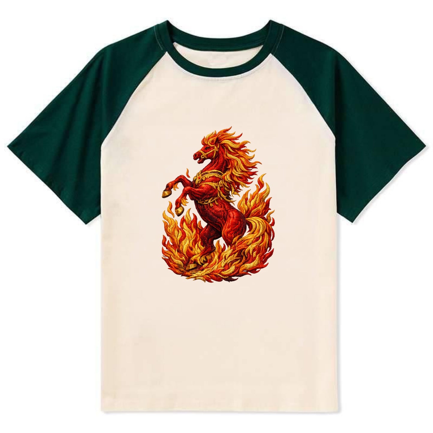 VICTORY BLAZE | Triumphant rearing horse in flames | Achievement - Contrast Raglan T-shirt - Green