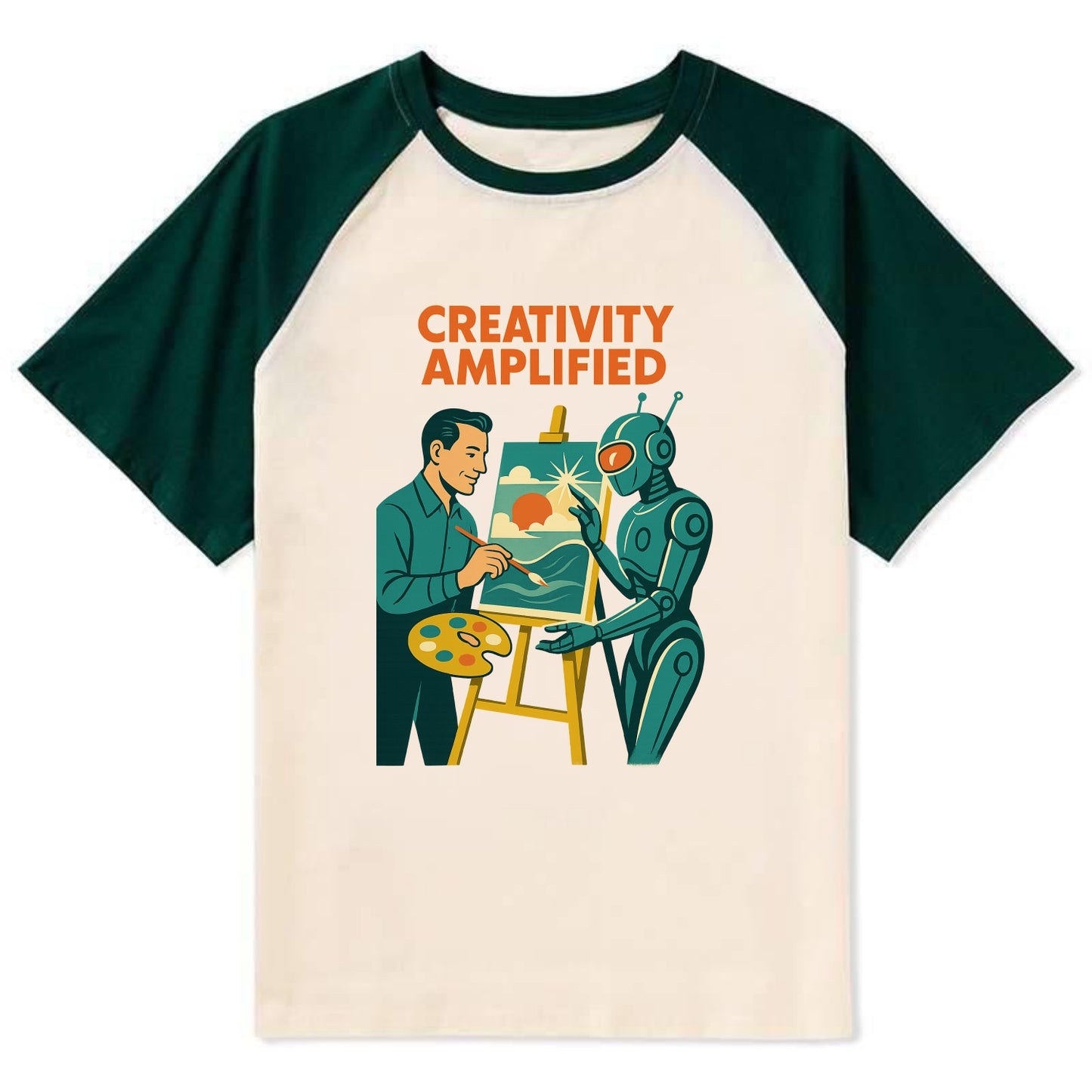 Artist and AI creating beautiful masterpiece together - "Creativity - Contrast Raglan T-shirt - Green