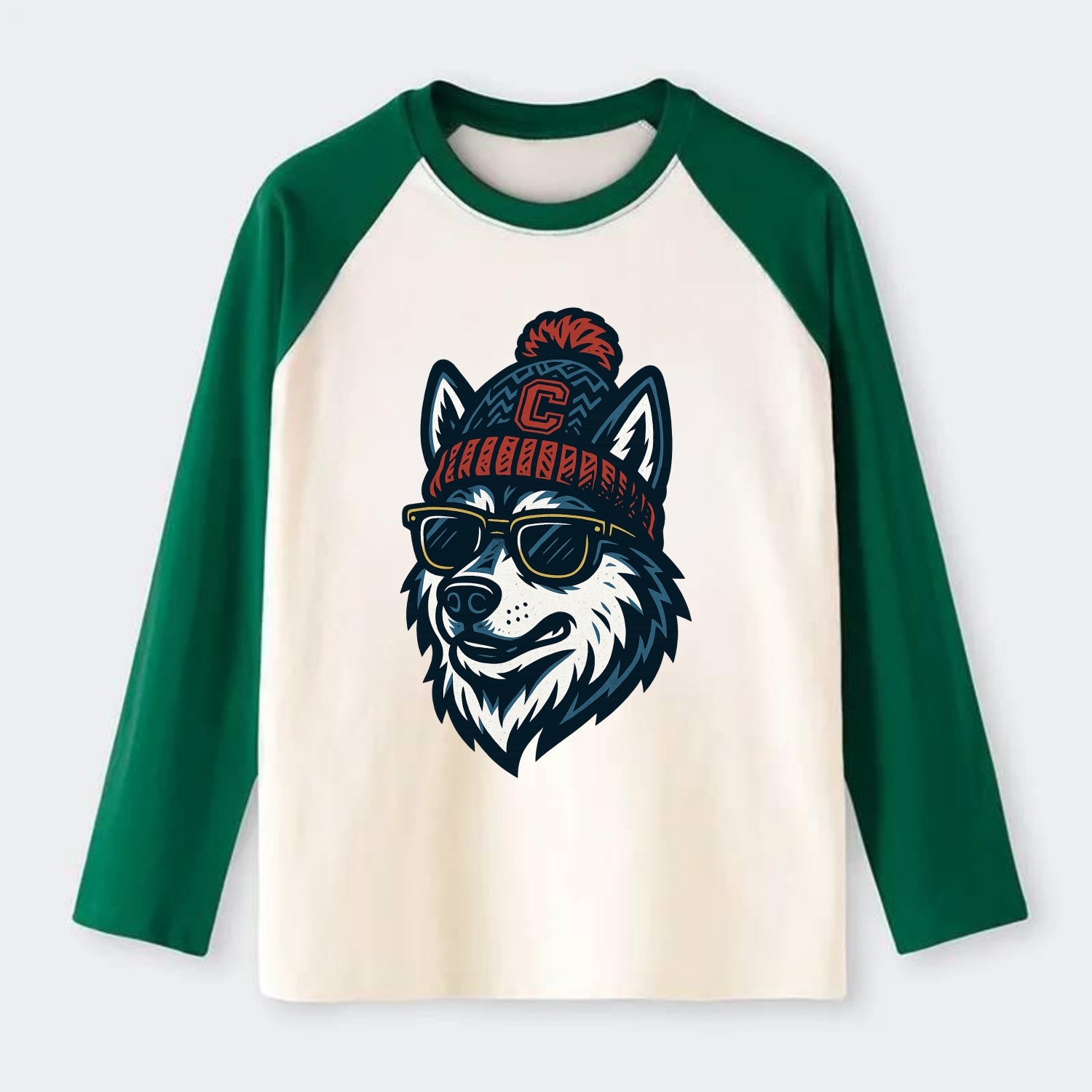 Storrs Husky wearing UConn beanie with C patch - Raglan Long Sleeve T-Shirt - Green
