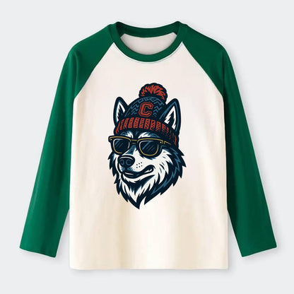 Storrs Husky wearing UConn beanie with C patch - Raglan Long Sleeve T-Shirt - Green