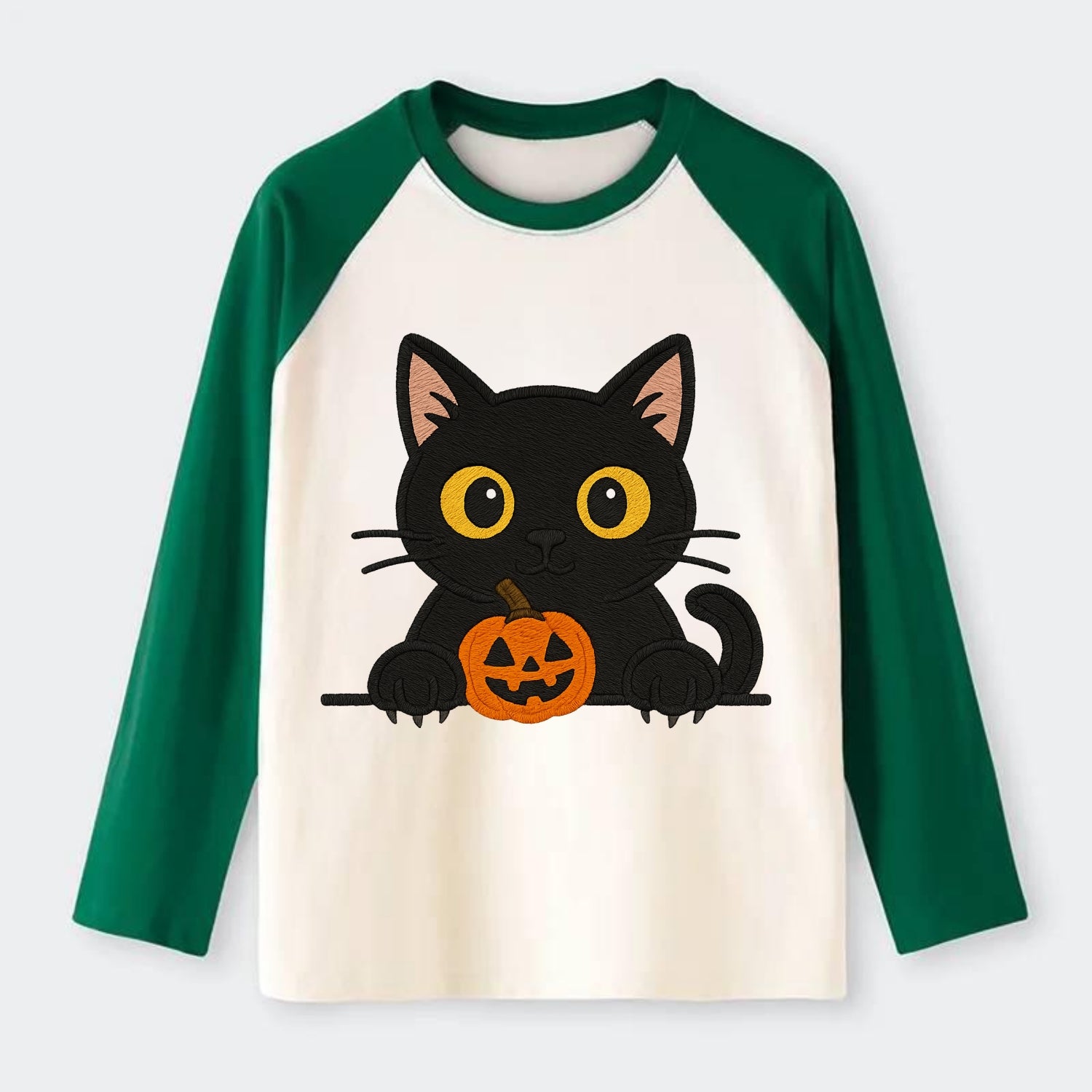 Midnight the black cat wearing round spectacles while studying the - Raglan Long Sleeve T-Shirt - Green