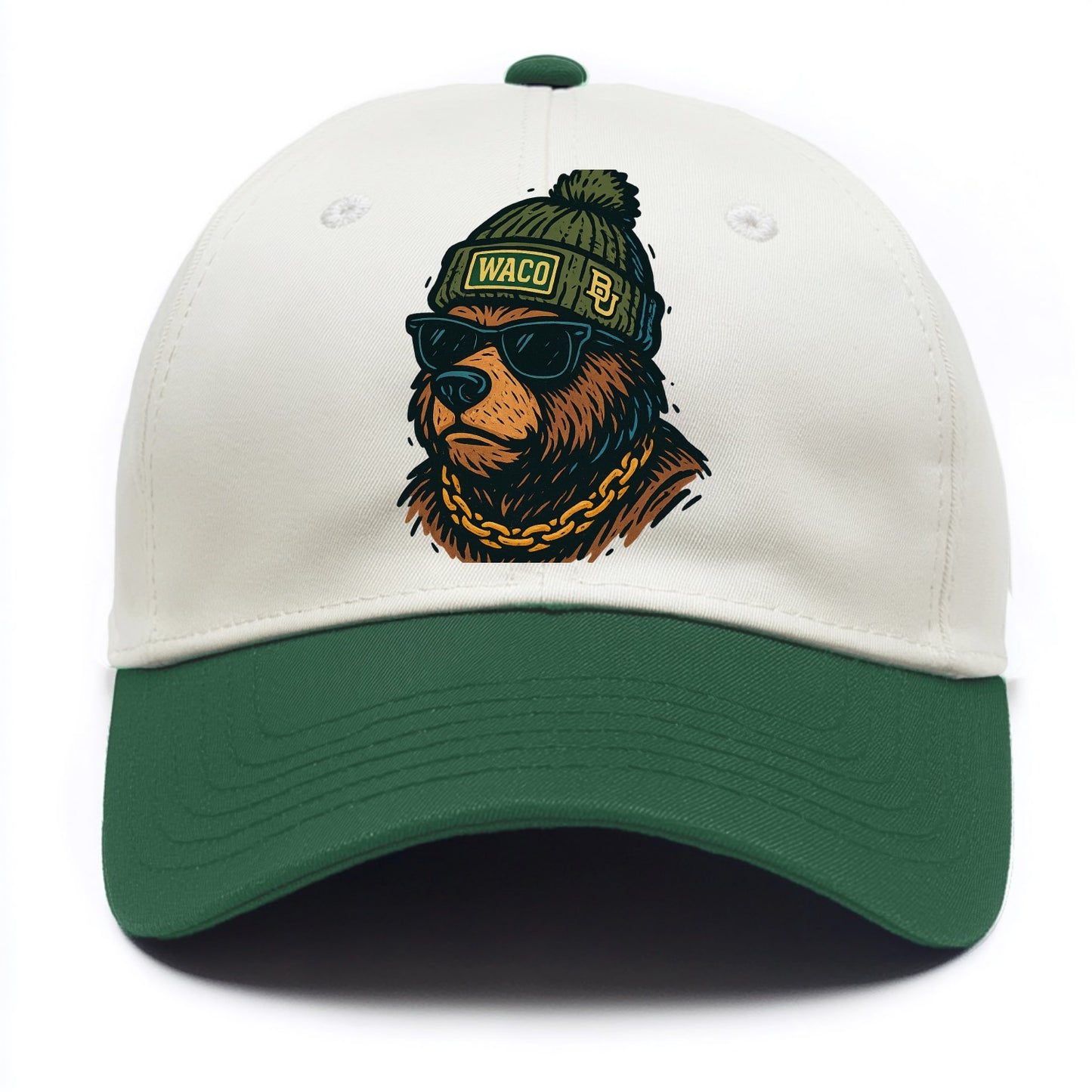 Waco Bear wearing Baylor beanie with BU patch - Two Tone Cap - Green