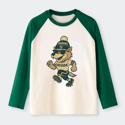 Nevada Wolf wearing Raiders beanie with outlaw patch and wayfarer - Raglan Long Sleeve T-Shirt - Green