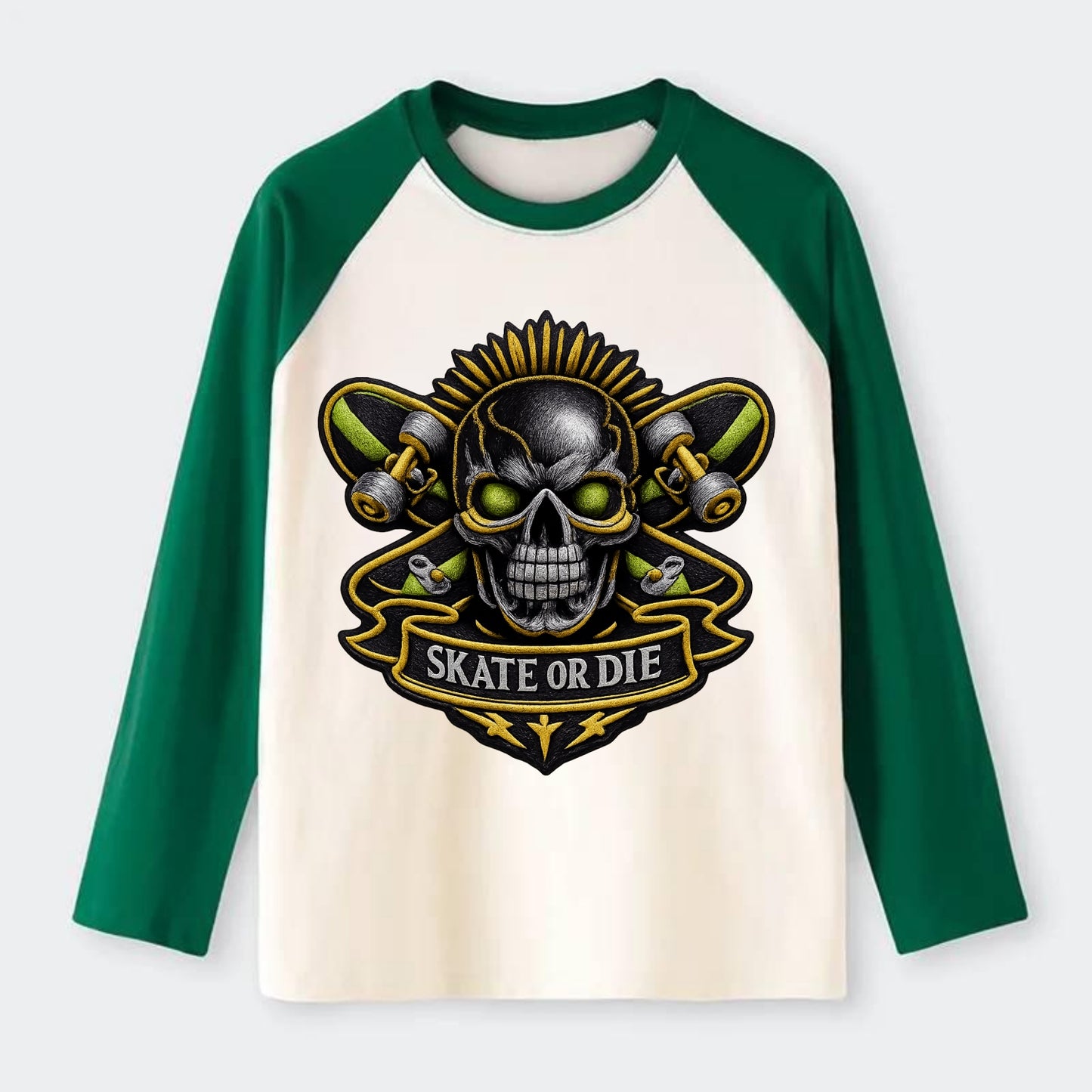 SKATEBOARD SKULL - skull with skateboard in black and neon green , - Raglan Long Sleeve T-Shirt - Green