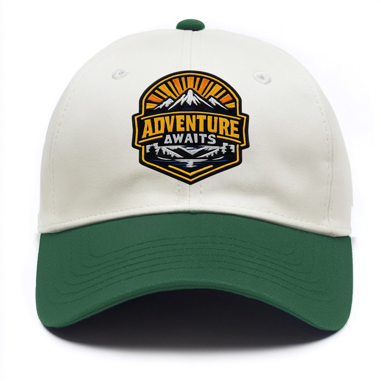 ADVENTURE AWAITS - mountain sunrise with text in gold and blue , wanderlust - Two Tone Cap - Green