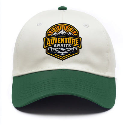 ADVENTURE AWAITS - mountain sunrise with text in gold and blue , wanderlust - Two Tone Cap - Green