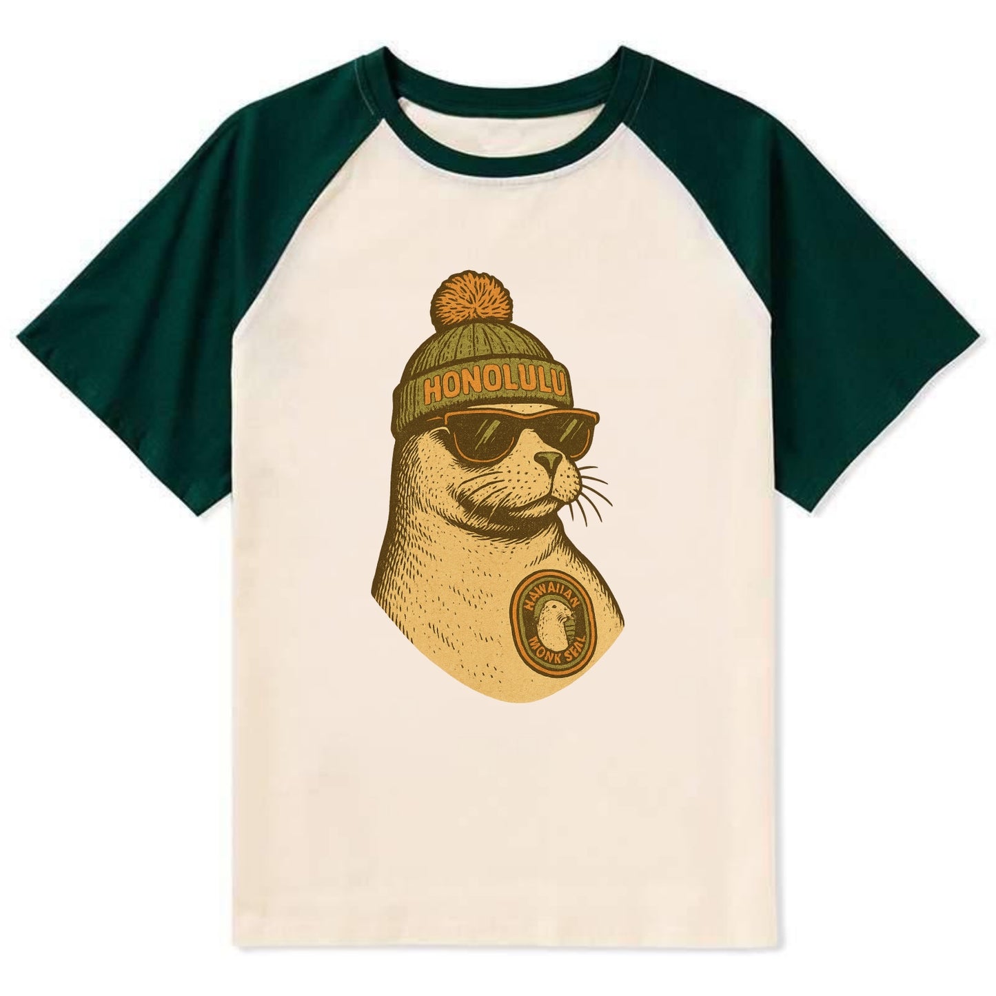 Hawaii Monk Seal wearing Honolulu beanie with pom pom and wayfarer - Contrast Raglan T-shirt - Green