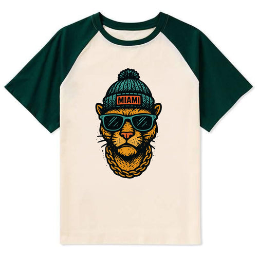 Florida Panther wearing Miami beanie with pom pom and wayfarer sunglasses - Contrast Raglan T-shirt