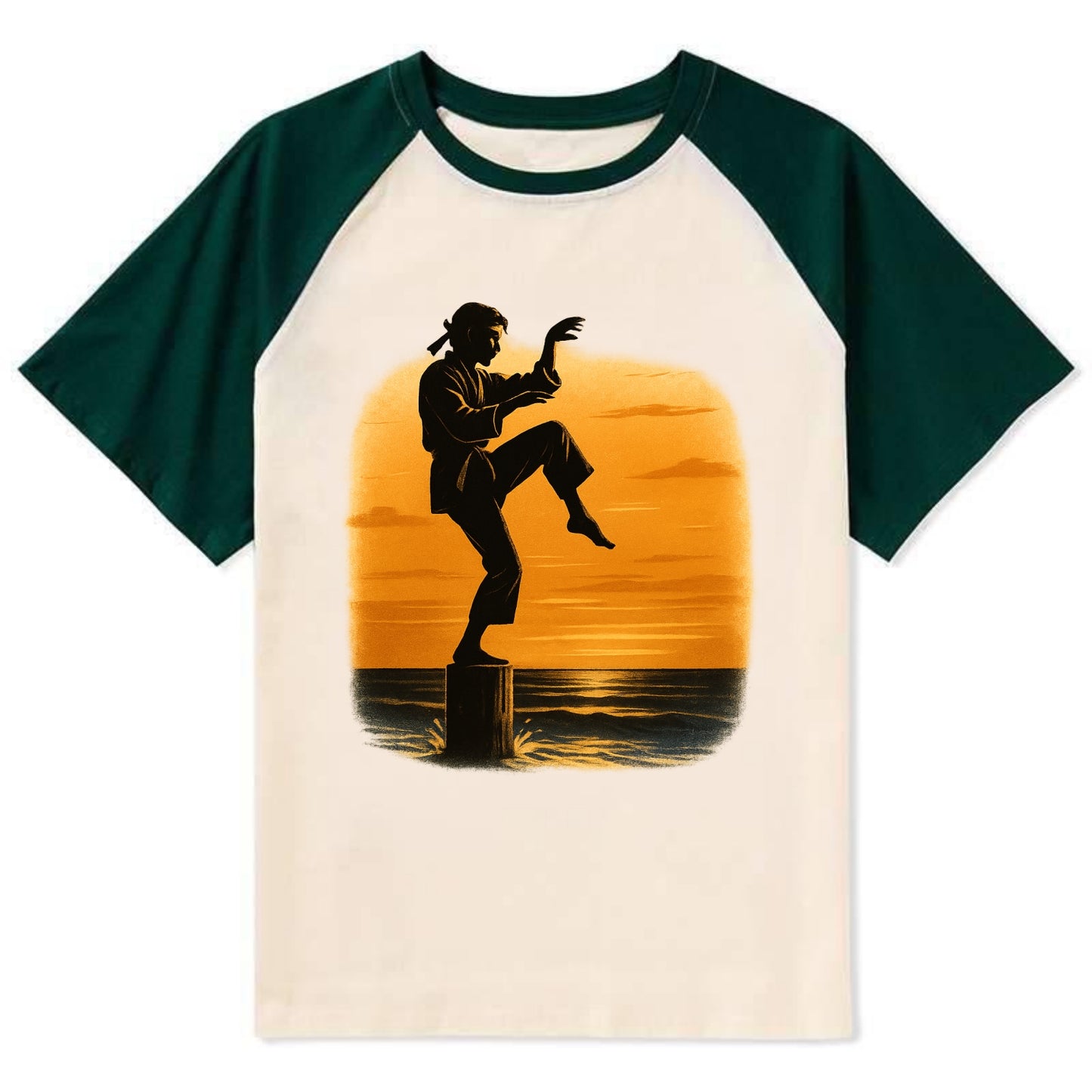 karate crane kick pose on wooden post at beach sunset - Contrast Raglan T-shirt - Green