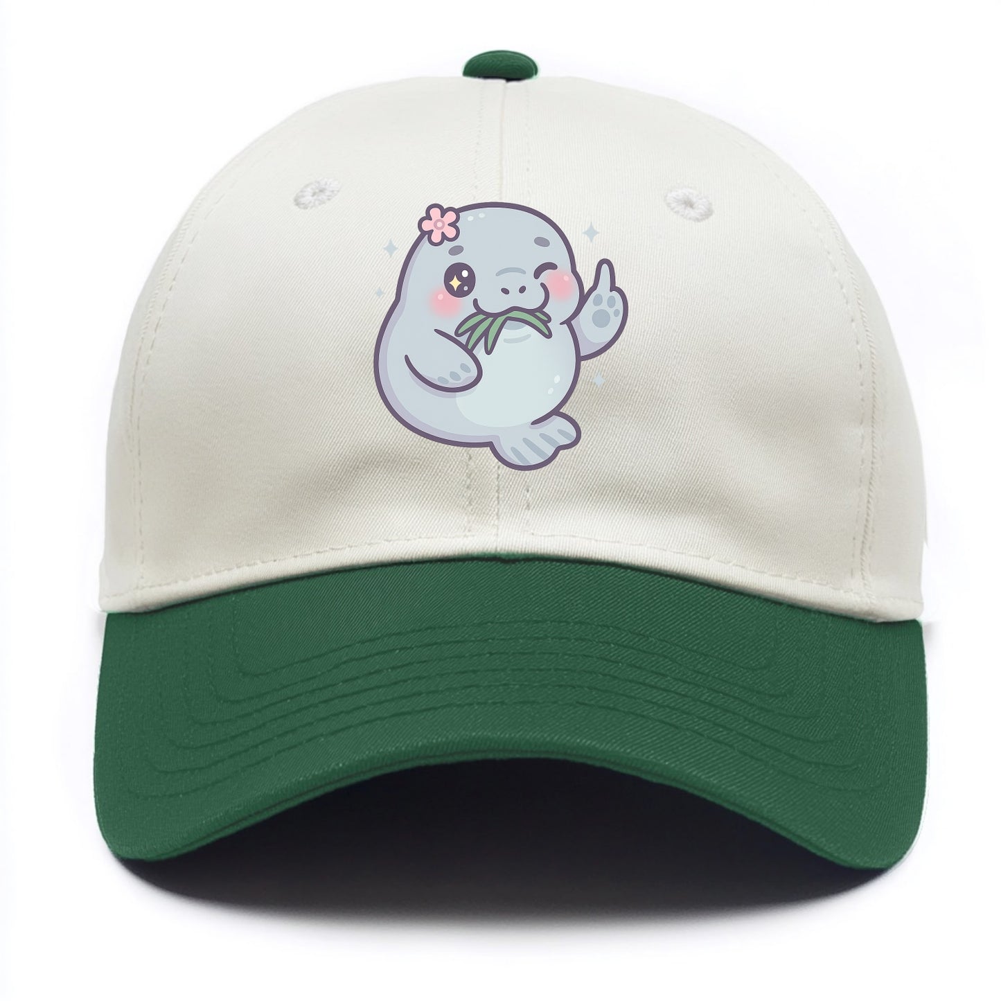 chubby manatee munching on seagrass, one flipper raised with sass - Two Tone Cap - Green
