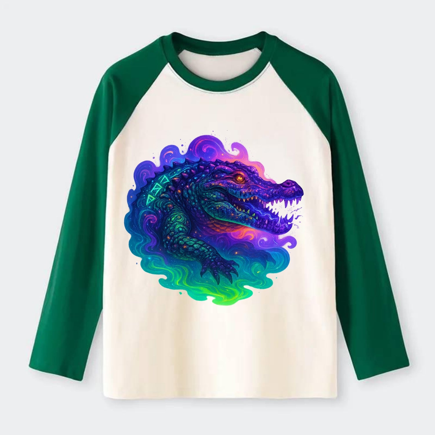 Primordial crocodile with scales pulsing plasma energy in green and - Raglan Long Sleeve T-Shirt - Green