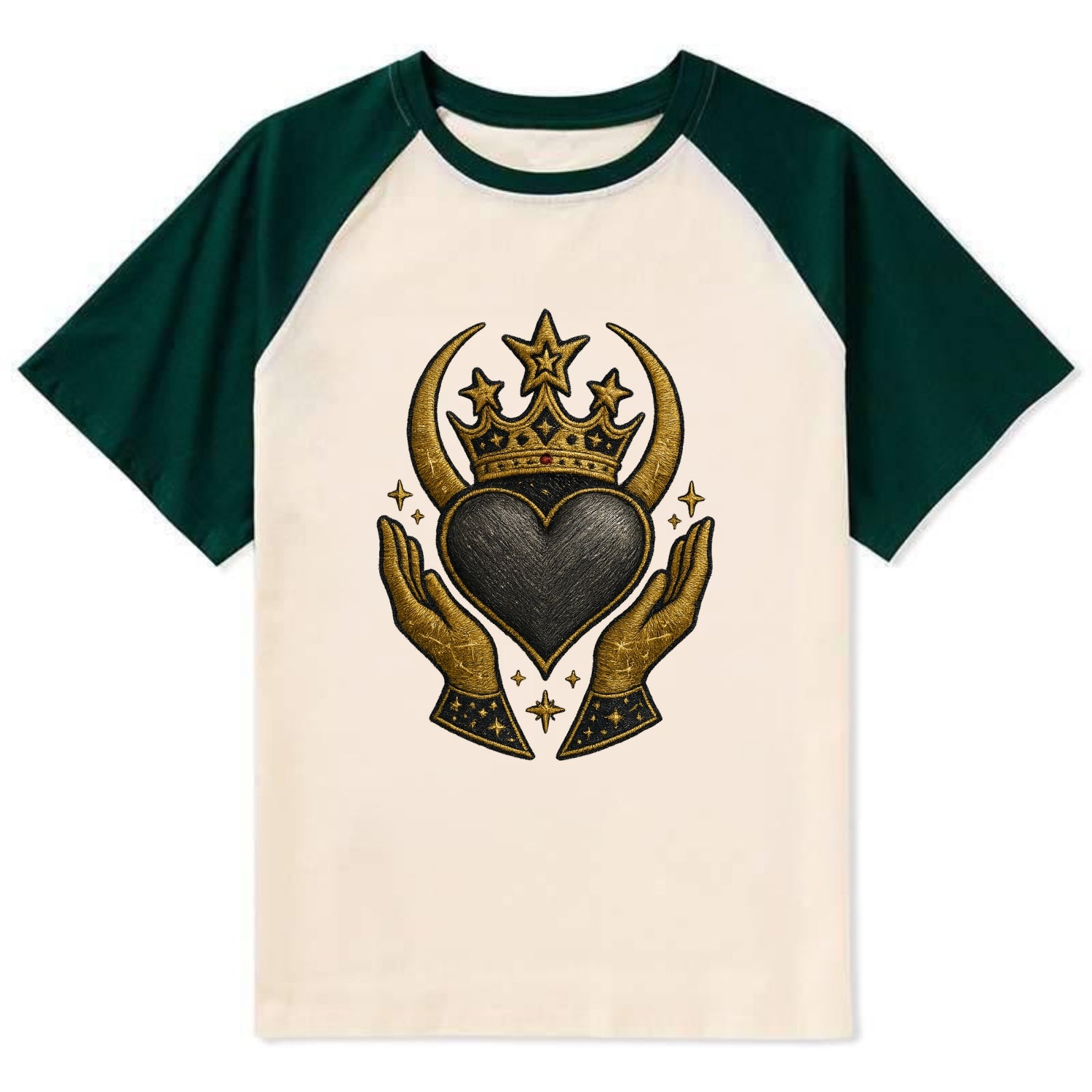 Celtic knot crown with woven strands merging into copper hands shielding - Contrast Raglan T-shirt - Green