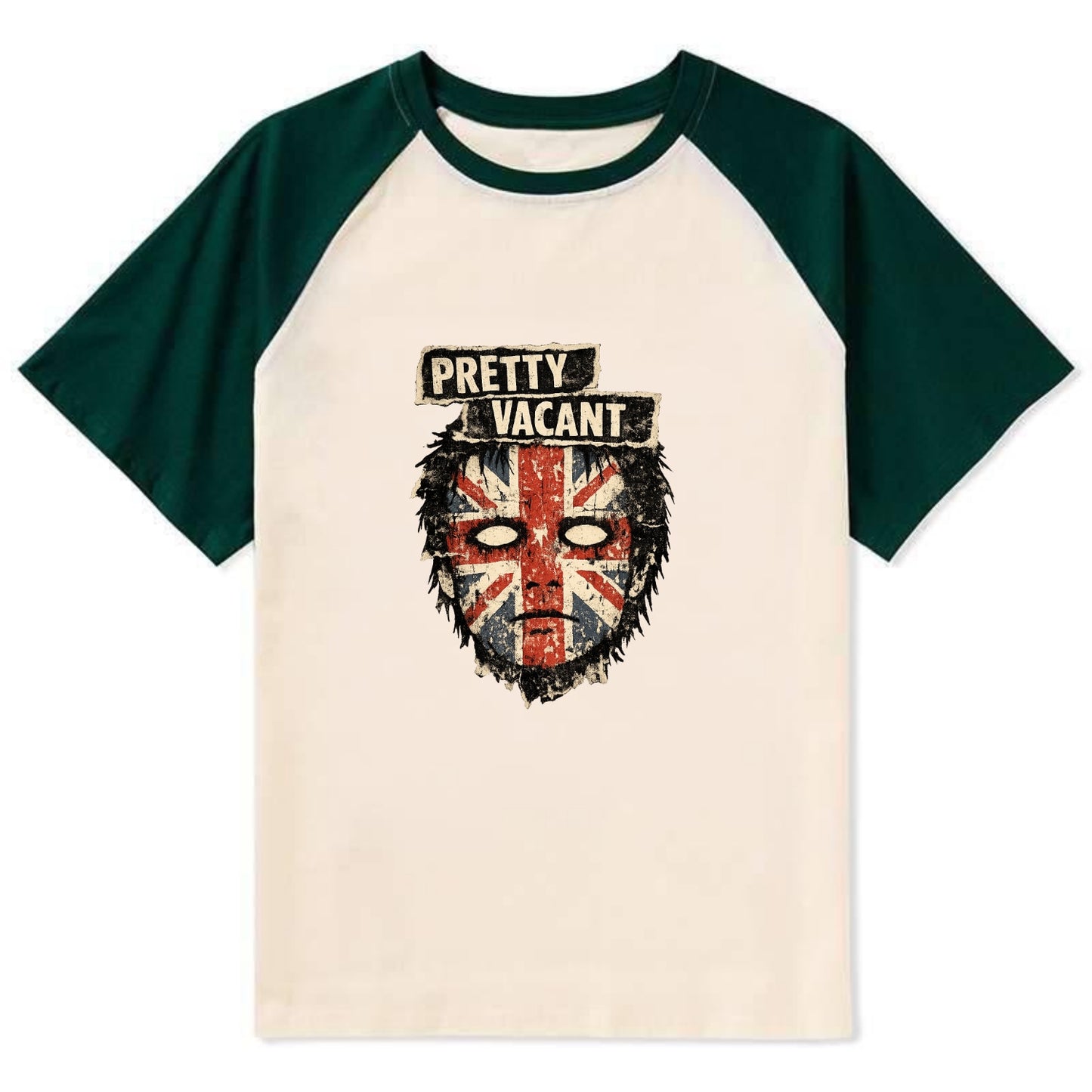 PRETTY VACANT | Blank stare Union Jack face | Empty expression | Punk - Contrast Raglan T-shirt - Green
