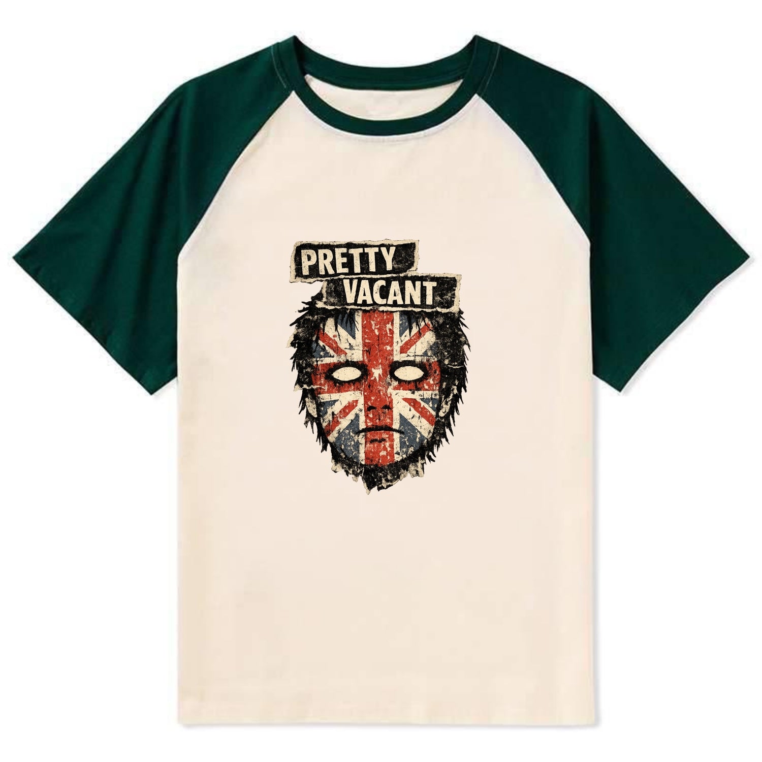 PRETTY VACANT | Blank stare Union Jack face | Empty expression | Punk - Contrast Raglan T-shirt - Green